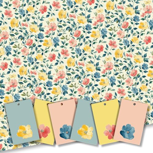 Gift Wrap. Classic Floral design. 5 XL Sheets (50 x 70cm). Wrapping Paper with matching Tags. Cutting grid on reverse. Made in UK. Made in Britain.