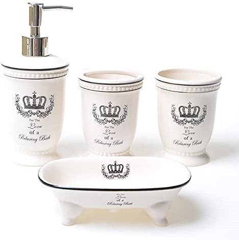 Tauzveok Badezimmer Zubehör Badausstattung Sets Aus Keramik, Kronenmuster Seifenspender Luxuriöses Badezimmer-Set Weiß,4Pcs1