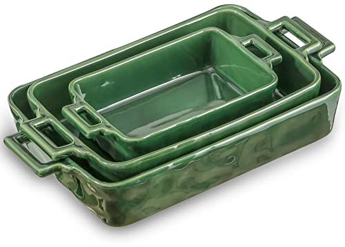 VICRAYS Ceramic Bakeware Set, Porcelain Rectangular Baking Dish, Baking Pan Lasagna Pans Casserole Dish Set for Cooking, Kitchen, Cake Dinner, Banquet and Daily Use, 3 PCS, 15 x 8.5 Inches(Green)