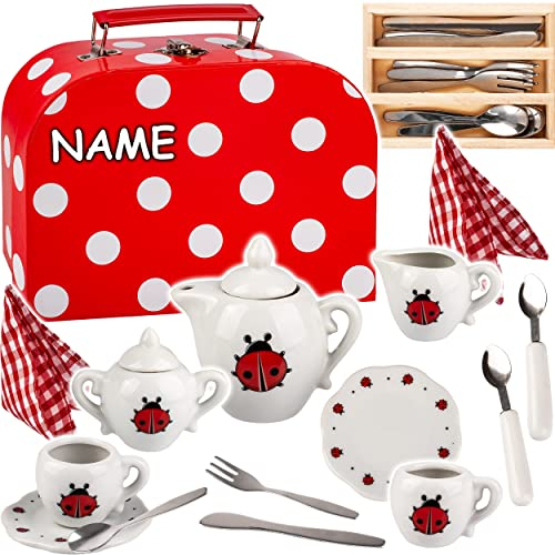 alles-meine.de GmbH 27 TLG. Set Picknick Koffer - Puppengeschirr/Teeservice & Kaffeeservice + Besteckset - inkl. Name - Marienkäfer & Punkte - Geschirr Porzellan/Keramik - ..
