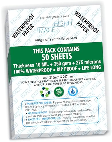 WATERPROOF PAPER | 50 SHEETS, Thickness10 MIL, 225 LB, 275 Microns Non-Tear Synthetic Paper, 8.5X11 Laser Printer paper, from HIGHH IMAGE