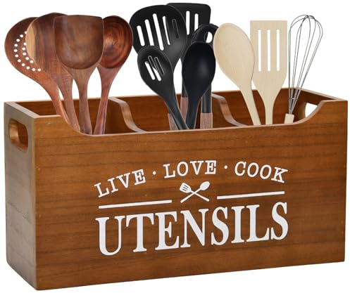 Karisky Kitchen Utensilhalter mit Drainageboden, große 3 Fächer fester echtes Holz Utensil Organizer für Küchentheke, Kochwerkzeuge für Bauernhäuser für Arbeitsplatten, Brown