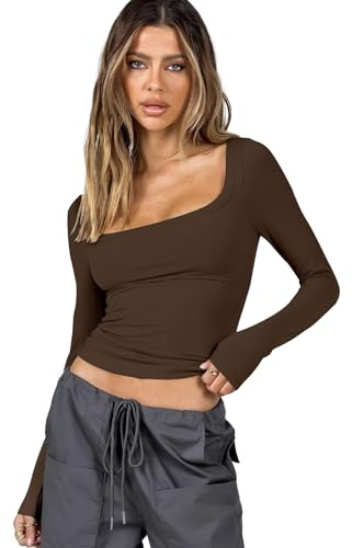 Rongseng Donna Maglietta a Maniche Lunghe Y2k Crop Top Sexy Slim T Shirt Basic Top con Scollo Quadrato Camicette Eleganti Elasticizzato Cropped Knit Tops Tinta Unita Pullover Moda Casual Streetwear