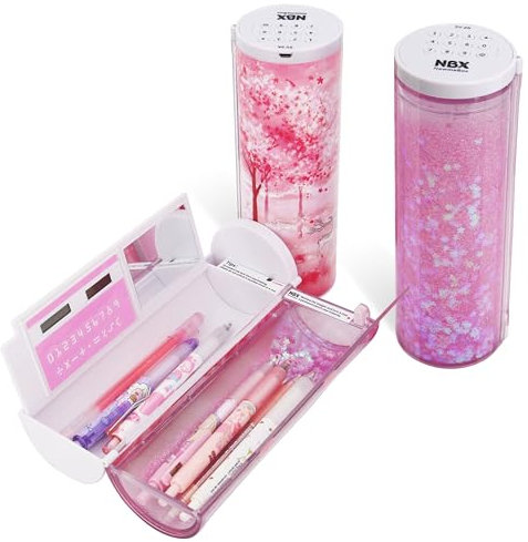 Lockable Pencil Case with Calculator, Quicksand, Mirror, Standing cylinder Shape, Cute Pen Holder, Password Lock Pen Box, Kawaii Desk Organizer for Girls, Boys, Kids, School Supplies(Sakura forest)