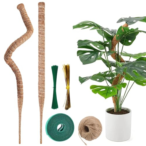Monstera Lot de 2 tuteurs pour plantes grimpantes, 120 cm, en fibre de coco, largeur 7 mm, pliable, bâton de mousse flexible pour Monstera avec accessoires, tuteurs pour plantes grimpantes en fibre de