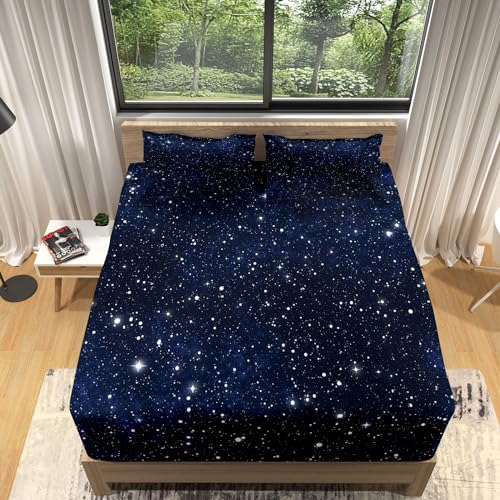 Spannbettlaken 140x200cm Weiches Atmungsaktiver Mikrofaser bettlaken Galaxieblaues Muster Spannbettlaken für Boxspringbetten und Topper Matratzenschoner bis 30 cm Höhe Mit 2 Kissenbezügen
