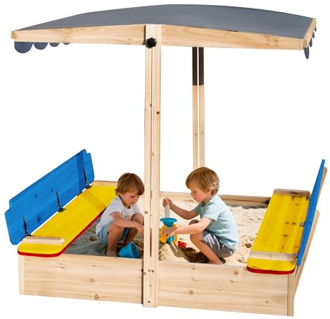 RUNSHED 48x48 Large Wooden Sandbox with Locking Lid & Adjustable Canopy Cover - Outdoor Sand Box for Kids Ages 4-8, Foldable Bench Seats, UV-Resistant Roof, Easy-Drain Bottom Liner