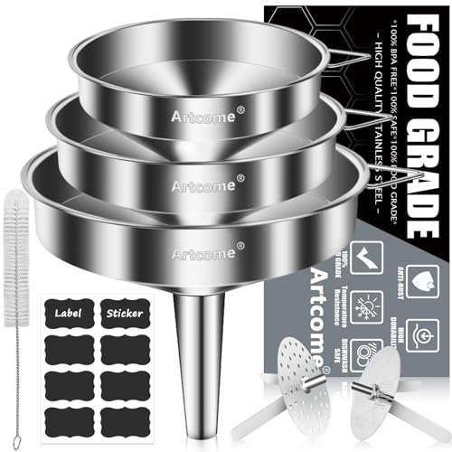Artcome 3 Pcs Stainless Steel Kitchen Funnel Set, Food Grade 3-in-1 Metal Funnel, Ideal for Transferring of Liquid, Sauce, Jam, Particles & Powder - Dispensing Funnels with Strainers - Dish-Wash Safe