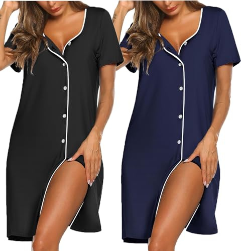 Ekouaer 2 Pack Nightdress for Women Button Down S-XXL | v neck, short sleeves, trim detail, knee-length, sexy casual, light and comfortable