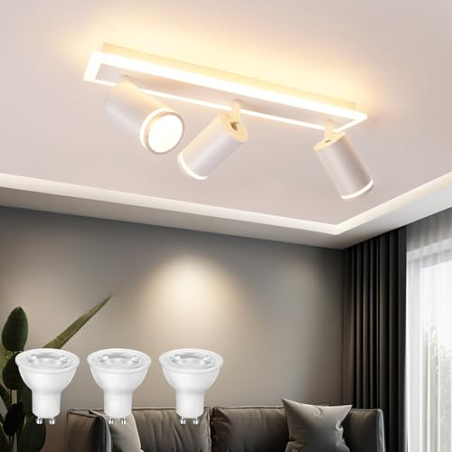 URing Inbyggda taklampor med justerbar riktning, taklampa med LED-spotlight 3 ljus med underbelysning 10W+3x5W GU10, varmt vitt 3000K, inomhusväggspotlight vit för kök, barnrum, vardagsrum