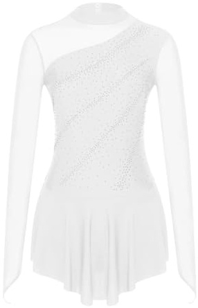 Figure Skating Dress Womens Figure Skating Jumpsuit Sheer Mesh Splice Long Sleeve Dancewear Ballet Dress Rhythmic Gymnastics Leotard Dancing Bodysuit Women's Figure Ice Skating Dance Dress(White,S)