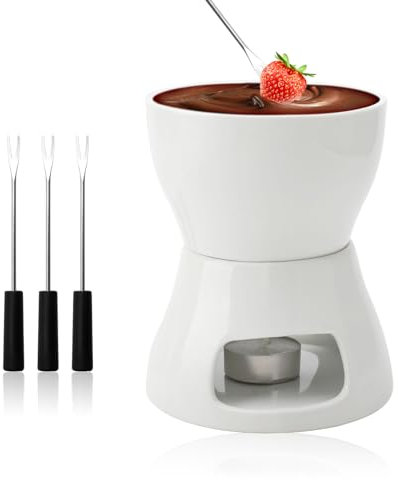 DAWRIS Keramik Fondueset Schokofondue Fondue Schokolade Schokoladenfondue, Keramikschale mit Teelichthalter und 4 Gabeln, Schoko Fondueset für Schokolade Käse Fondue Familienessen Nachtisch
