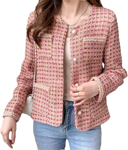Vagbalena Giacca da Donna elegante primaverile a quadri con collo rotondo monopetto in tweed vintage alla moda da ufficio casual (rosa,S)