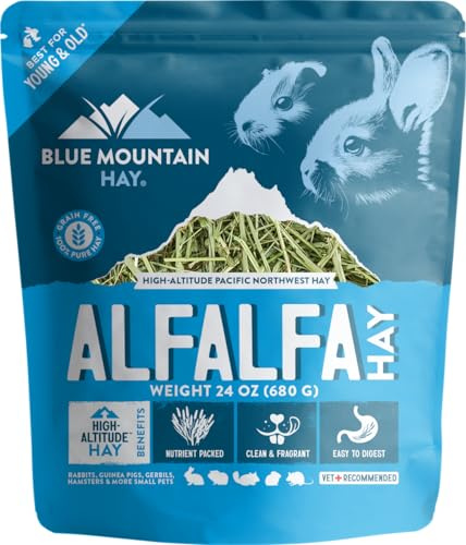 Blue Mountain Hay High-Altitude Organic Alfalfa Hay (24 oz), High Protein Fiber & Mineral Rich, Soft Leafy Texture with High Leaf Retention, Premium Quality Feed for Small Pets and Farm Use