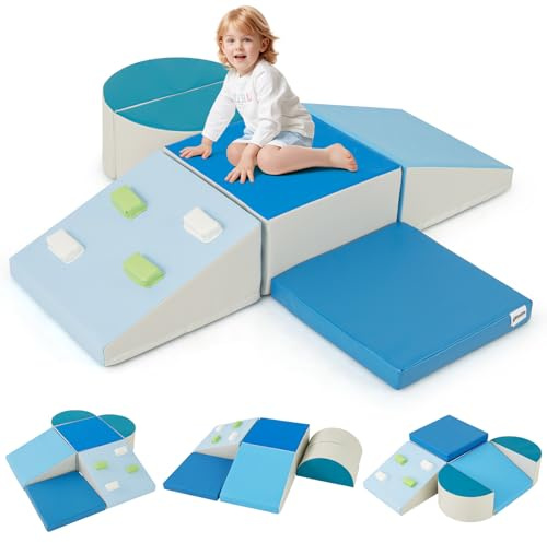 COSTWAY Juego de 6 Bloques de Espuma para Niños, Set de Escalada Suave Ligero para Interior Infantil para Escalar, Juego de Trepar y Gatear, Regalo para Bebés y Niños de 1+ Años (Azul)