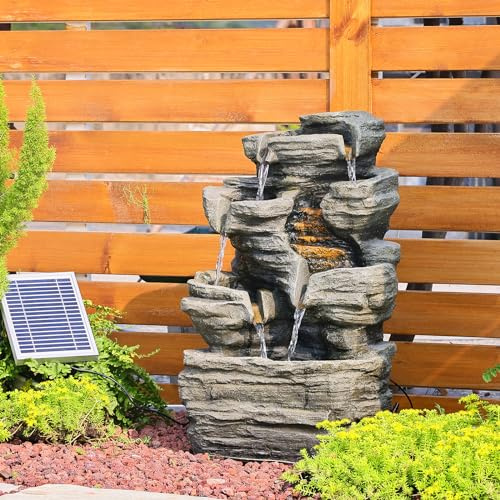 Bumilgar 62CM Solar Water Features, 6-Tier Cascading Rock Feature Garden Fountain and Waterfall with Light, Pump, Solar Panel for The Patio, Deck, Porch, Backyard Home Decor, Stone Gray