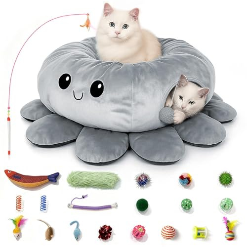 VIEFIN Cat Tunnel Bed for Indoor Cats, Peekaboo Cat Cave Bed, Grey