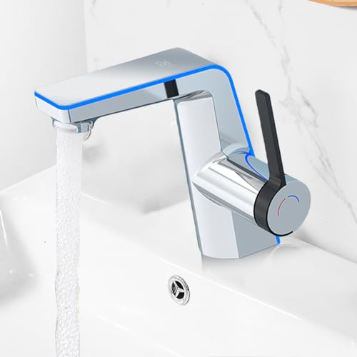Grifo de baño con indicador de temperatura LED, grifo de lavabo, grifo monomando de baño, 2 tipos de chorro y mangueras, grifo de cocina, grifos de baño, grifo mezclador de baño (plata)
