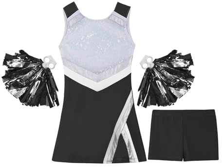 DUBTEDHOU Tenue de Pom-Pom Girl, Uniforme de Cheerleading for Filles, Ensemble avec Short et Boules de Fleurs Noires, Plusieurs Tailles(4)