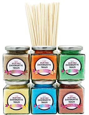 Hopser Food Fun Azúcar Algodón de azúcar en tarro de cristal para máquina, azúcar de aroma de primer calidad Colorido 6 x 175 g +50 varillas