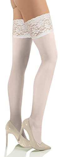 sesto senso Bas Autofixant Femme Opaque 50 Deniers Microfibre Dentelle avec Silicone Sexy 1 Paire Collant 3/4 M/L Blanc