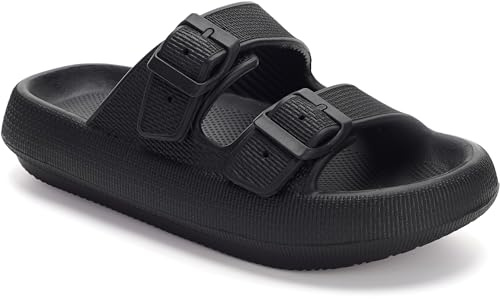 WHITIN Slides for Women Men Cushion Thick Sole Open Toe Massage Slippers EVA Foam Soft Lightweight Bathroom Sandals Double Buckle House Sandalias para Mujer for Ladies Black