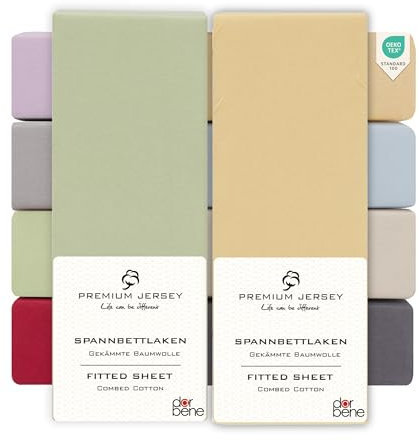 DarBene Spannbettlaken 140x200 Premium 2er Set Color-Mix, Jersey 100% gekämmte Premium Baumwolle, Blickdicht, superweiches Bettlaken bis 30 cm Matratzenhöhe, Oeko-TEX, Apfelgrün & Sand