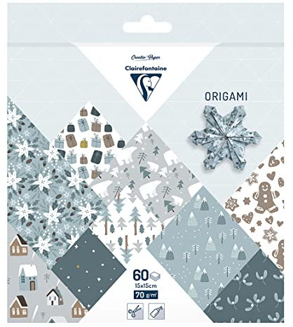 Clairefontaine 95374C - 60 Hojas de Papel Origami 70g/m², Formato 15x15cm, 30 Patrones de Colores Surtidos (2 Hojas por Patrón), Ocio Creativo para Adultos y Niños, Polar Christmas Collection
