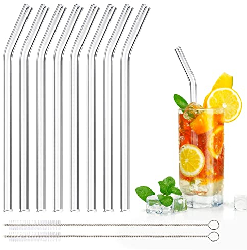 DONQL 8 Pcs Glass Straws Reusable Glass Straw Drinking Straws with 20cm Length Eco Friendly with 2 Cleaning Brushes Transparent Clear Straws Perfect for Milk Coffee Coctail (Curved)
