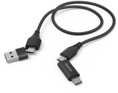 Hama Multi USB-Ladekabel (Multi USB-Ladekabel, 4-in-1 Multi-Ladekabel, 2 USB-C/Micro-USB/USB-A, 480 Mbit/s, 1,5 m, Universal-USB-C-Kabel für Laptop, Tablet, Telefon) schwarz
