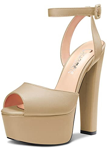 Castamere Mujer Chunky Ancho Alto High Plataforma Heel Abierta Punta Sandalias Correa Tobillo Slingback Cierre con Hebilla Fiesta Zapatos Beige 37 EU