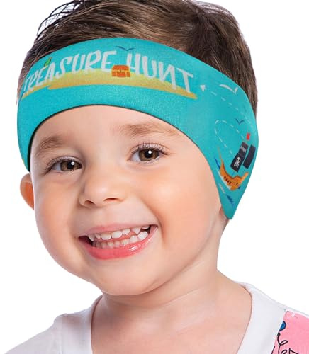 MoKo Diadema de Natación Impermeable, Banda Cabeza Ajustable Antideslizante Protección Orejas Cabello Fijación de Tapones Patrón Animal Lindo para Piscina Playa Niños 3 a 9 Años, M - Pirata con Barco