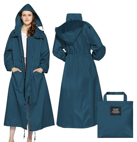 LAMA Womens Long Raincoats with Hood, Waterproof Reusable Packable Rain Coat with Long Sleeves for Adults Womens Ladies, Rain Coat for Bike Moto Riding Hiking Trekking