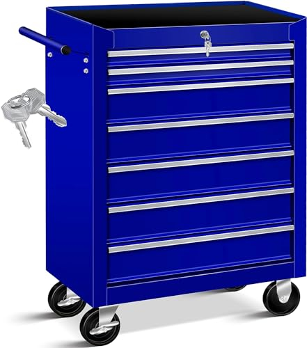 Masko® Chariot d'atelier ✓ Verrouillable ✓ Métal Massif | Chariot à Outils | Chariot d'atelier Professionnel | Chariot de Rangement d'outils | Tiroirs avec glissières - 7 Cases - Bleu