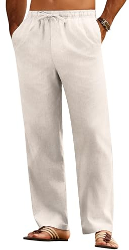 COOFANDY Men's Trousers Loose Fit Linen Blend Summer Trousers with Elasticated Waist Lightweight Holiday Beach Casual Pants with Pockets
