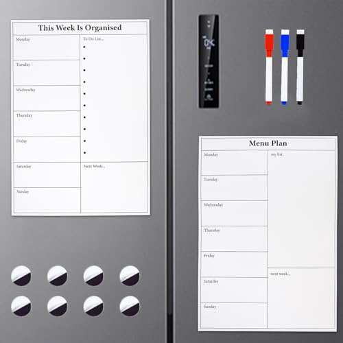 Marte Vanci Magnetisk whiteboard för kylskåp, veckoplanerare och måltidsplanerare, A4 torrtorkande kylskåp kalenderbrädor med 3 markörer och 8 magneter för meny planeringslistor memo påminnelse kök