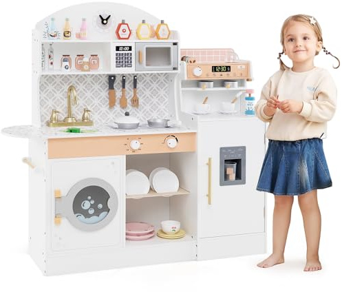 COSTWAY Kids Wooden Kitchen, Pretend Play Kitchen with Sink, Microwave, Washing Machine, Ice & Coffee Makers, Accessories, Children Cooking Role Playset for 3+ Years Old Boys Girls (White)