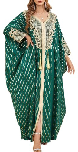 Peosaard Robe de Kaftan Marocaine, Robe Musulmane de Batwing Floral Dubaï, V Vêtements de Mariage islamiques du Cou Mid-Sheeve, Vert Pakistanais Eid Ramadan Caftan