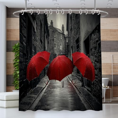 Cortina De Ducha Paraguas Rojo Góticociudad Retro 180Wx220L Cm Cortina De Baño De Poliéster Impermeable Antimoho Lavable Cortina Ducha con Ganchos