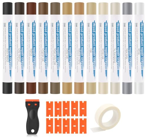 12 Farben Hartwachs Reparaturset zur Möbel und Bodenreparatur, Laminat Reparaturset mit Schaber für Holz, Parkett, Laminat, Fliesen, Vinyl - Behebt Kratzer, Löcher und Schäden an Arbeitsplatten