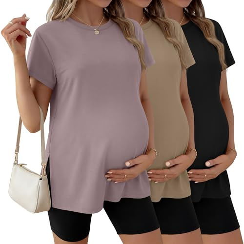 Ficerd Lot de 3 T-Shirts de Maternité pour Femmes Enceintes, Manches Courtes, Fentes Latérales, Col Rond, Vêtements de Maman(Noir, Kaki, Gris-Violet,XL)