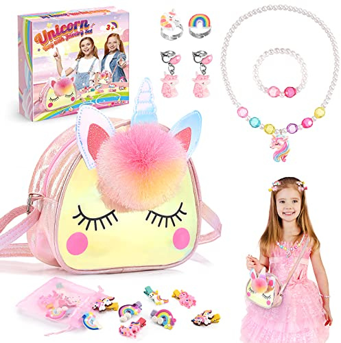 Hapikids Licorne Sac a Main Bijoux Enfants Fille, Cadeau Fille 2 3 4 5 6 Ans Jouet Filles 2-6 Ans, Cadeau Anniversaire Filles Bijoux Enfants Unicorn Collier Bracelet Boucle d'oreille Bagues Kit