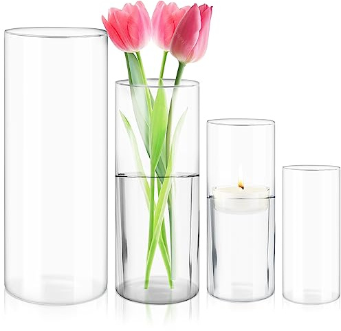 Glasvase Set 4 Stück, Zylindervase Transparent, Kerzenhalter Glas, Stumpenkerzenhalter, Blumenvase Modern, Tischdeko für Hochzeit, Wohnzimmer, Esstisch, Centerpiece
