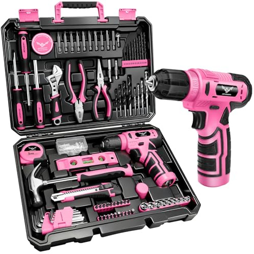 JENABOM Pink Tool Kit: 127-Piece DIY Set with 8V Cordless Drill, Electric Drills & Hand Tools for Women