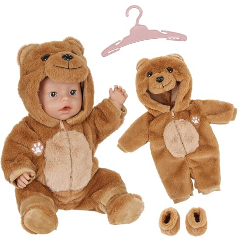 Doll Clothes for 14-18 Inch Baby Dolls, Cute Bear Doll Outfits with Overalls Socks Hanger for 35-45 cm New Baby Dolls, 43cm Sweet Doll Clothes Birthday Gifts for Children