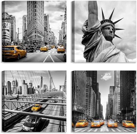 LuxHomeDecor Set di 4 quadri 30x30 cm - stampa su tela con telaio in legno – New York in bianco e nero con taxi gialli: Statua della Libertà, skyline, grattacieli e ponti iconici