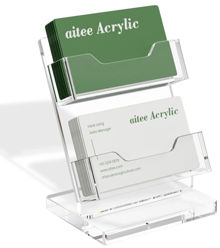 AITEE Business Card Holder for Desk: Clear Acrylic 2 Slot 2 Tier Card Desktop Display Stand Holder for Office and Exhibition Countertop , Fits 100-120 Business Cards