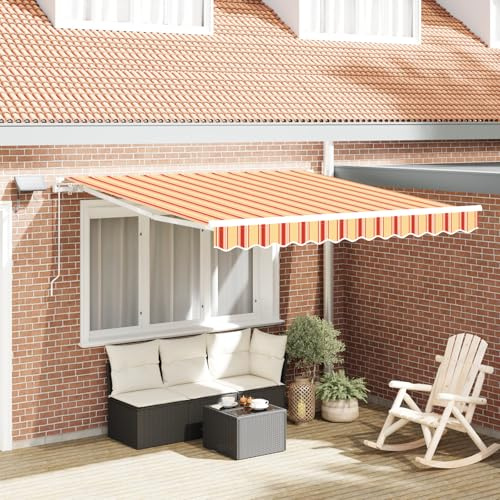 Tenda Retrattile Manuale con LED in Giallo e Arancione 350x250 cm per Balcone Giardino Esterno, Tessuto Poliestere Impermeabile Anti-UV, Design Rigato Moderno, Ombreggiante
