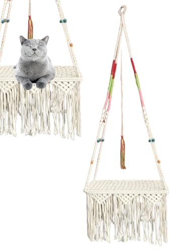 Boho-hängmatta gunga för – 40 cm väggbädd i makramé, handgjord kattstol | Ger lite utrymme för hängande gungor inomhus för och små husdjur. Grönsaker