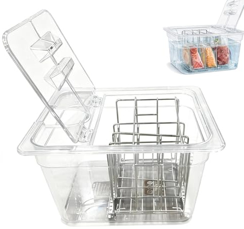 Contenedor Sous Vide, 11L con Tapa Abatible Actualizada y Rejilla de Acero Inoxidable 32,5×26,5×20cm Contenedor Transparente BPA Free para Cocinas Sous Vide para Cocinar Pescado y Carne